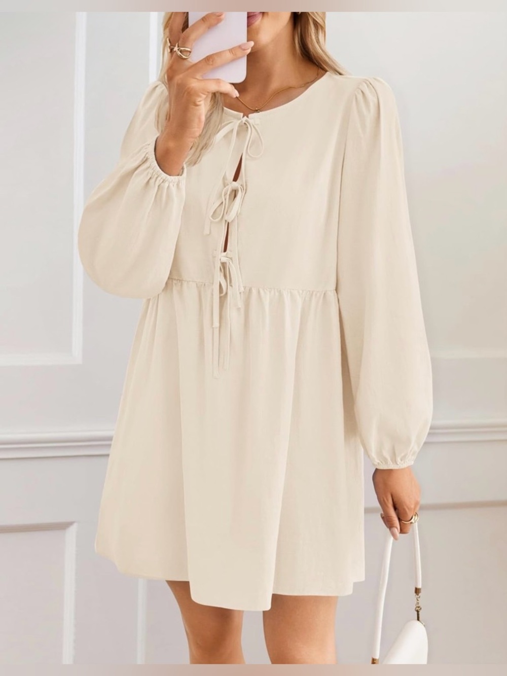 Zesica Puff Sleeves Self Tie Front Babydoll Mini Dress - Cream- Size Medium